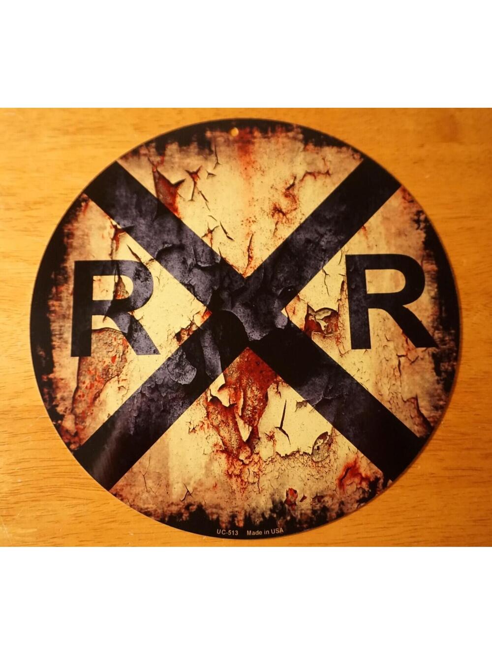 Rustic Train Railroad Round Crossing Street Sign Model Engine Room Home Decor